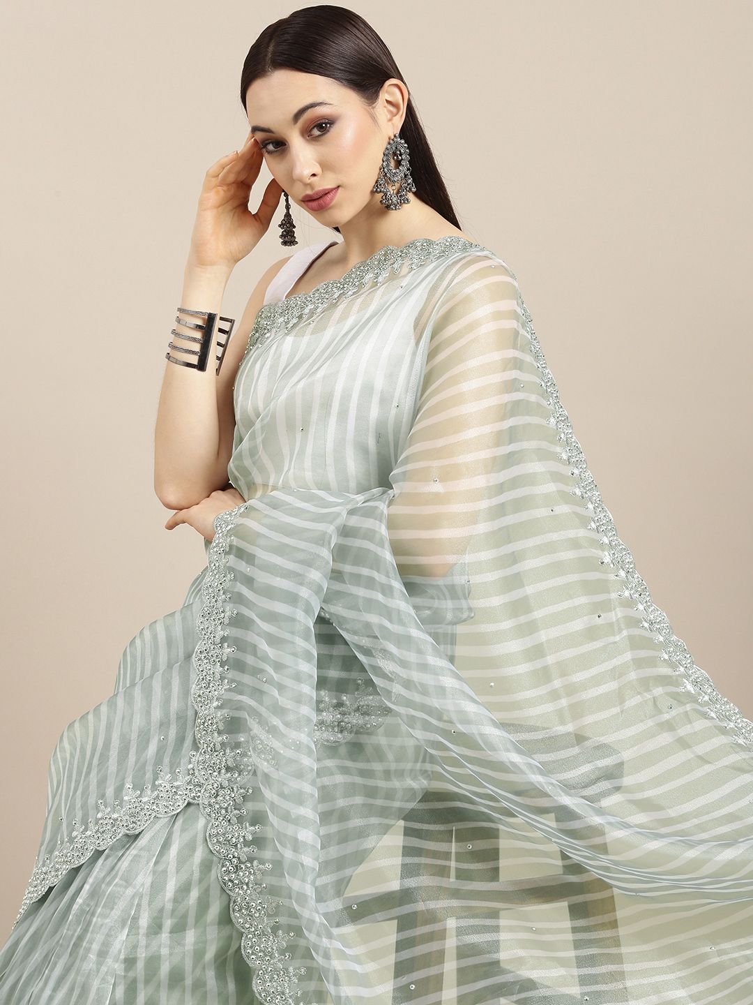 all about you Grey Leheriya Organza Saree
