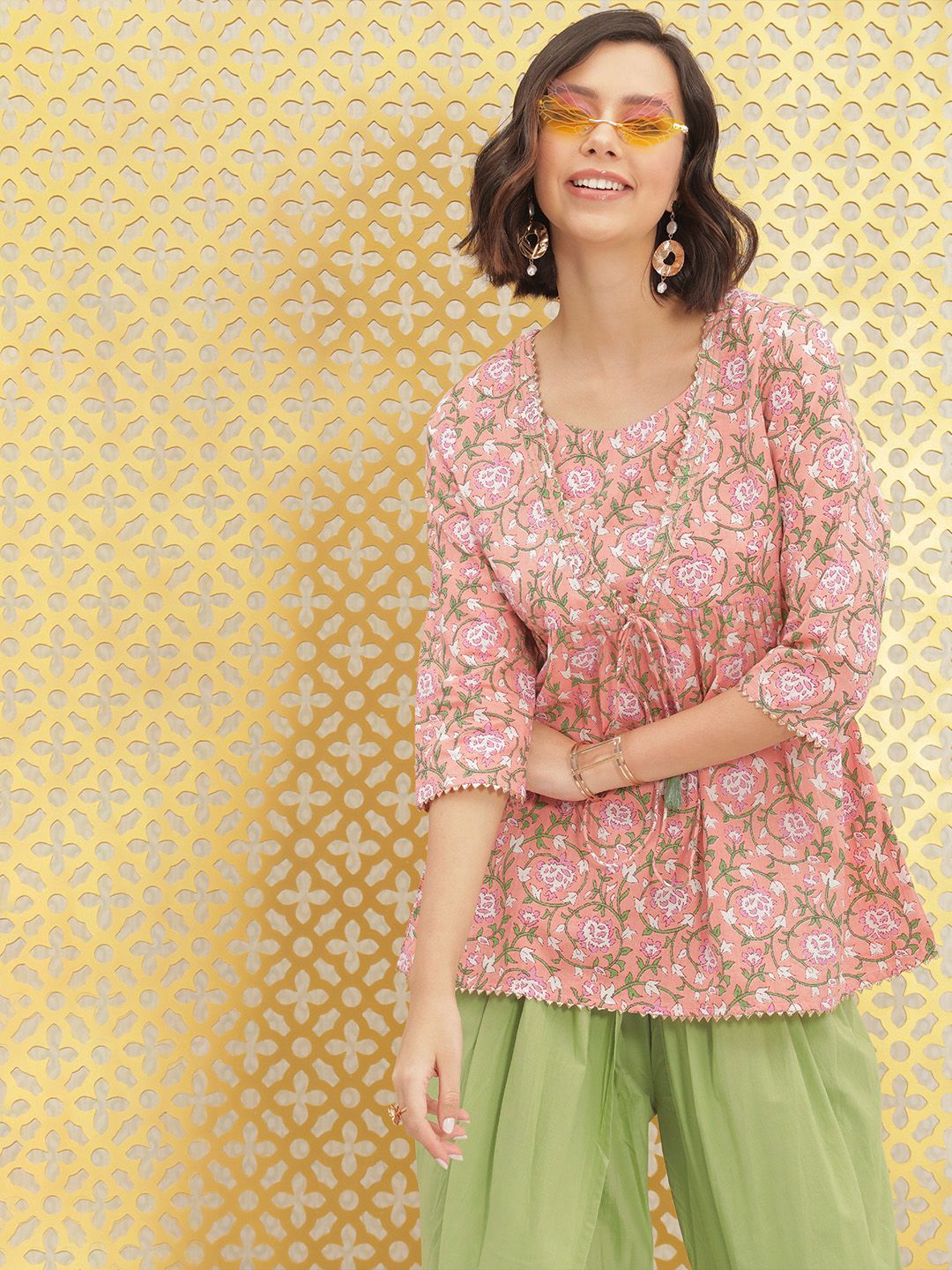 Ode by House of Pataudi Women Pink Floral Printed Empire Pure Cotton Kurti with Patiala