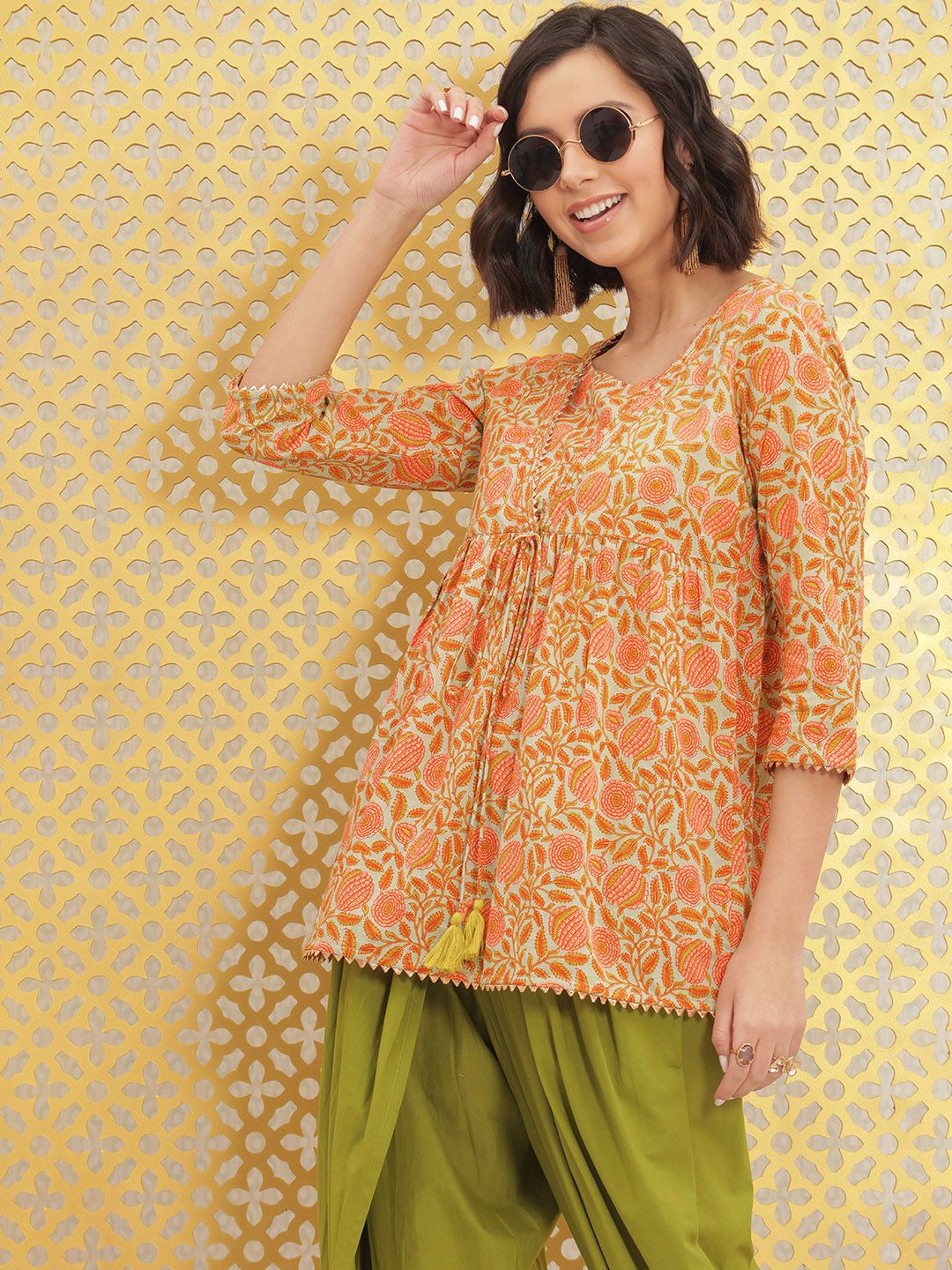 Ode by House of Pataudi Women Orange Printed Pure Cotton Rozana Kurti with Dhoti Pants