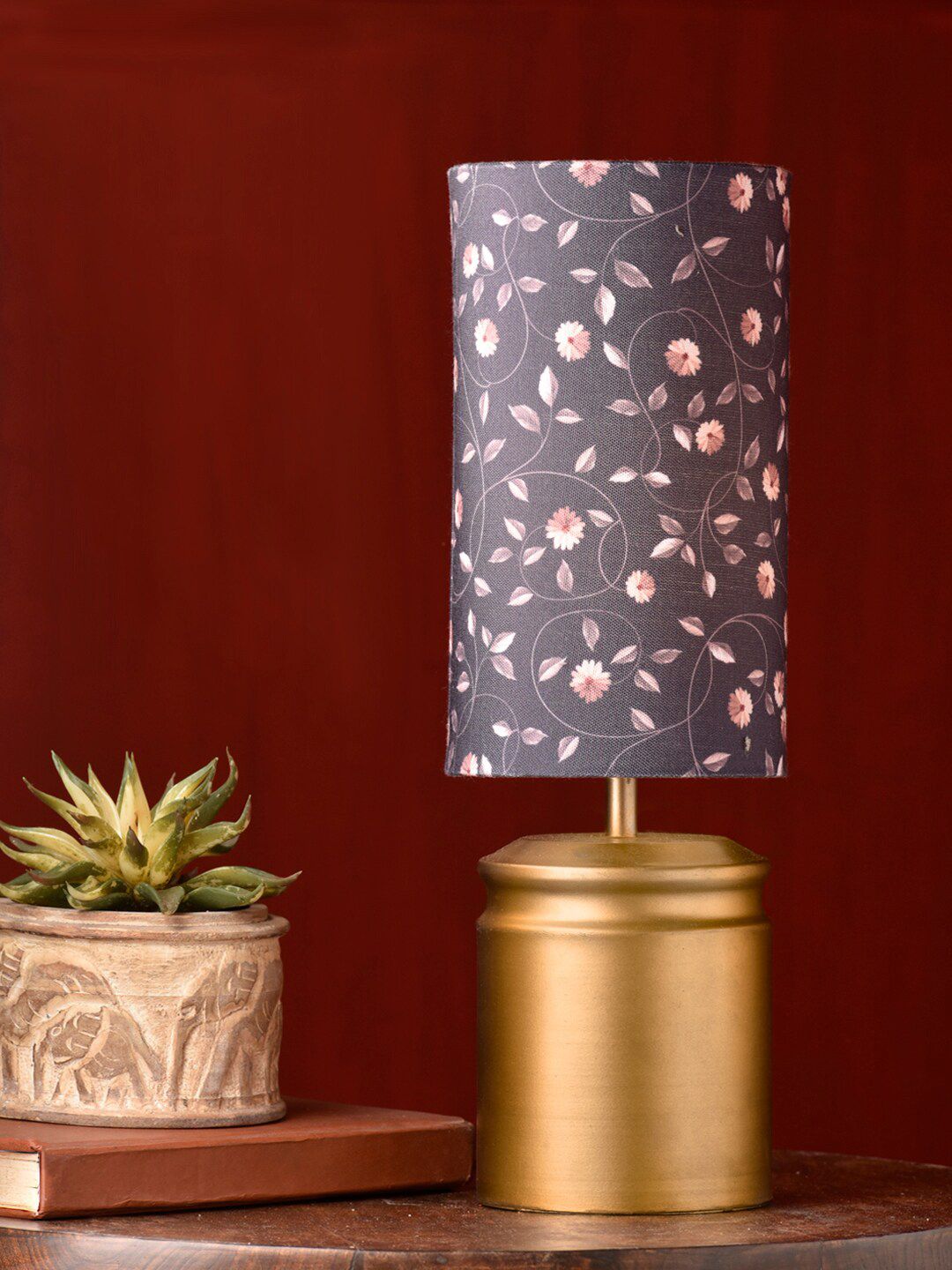 green girgit Gold-Toned & Mauve Contemporary Metal Table Lamp with Floral Print Shade Price in India