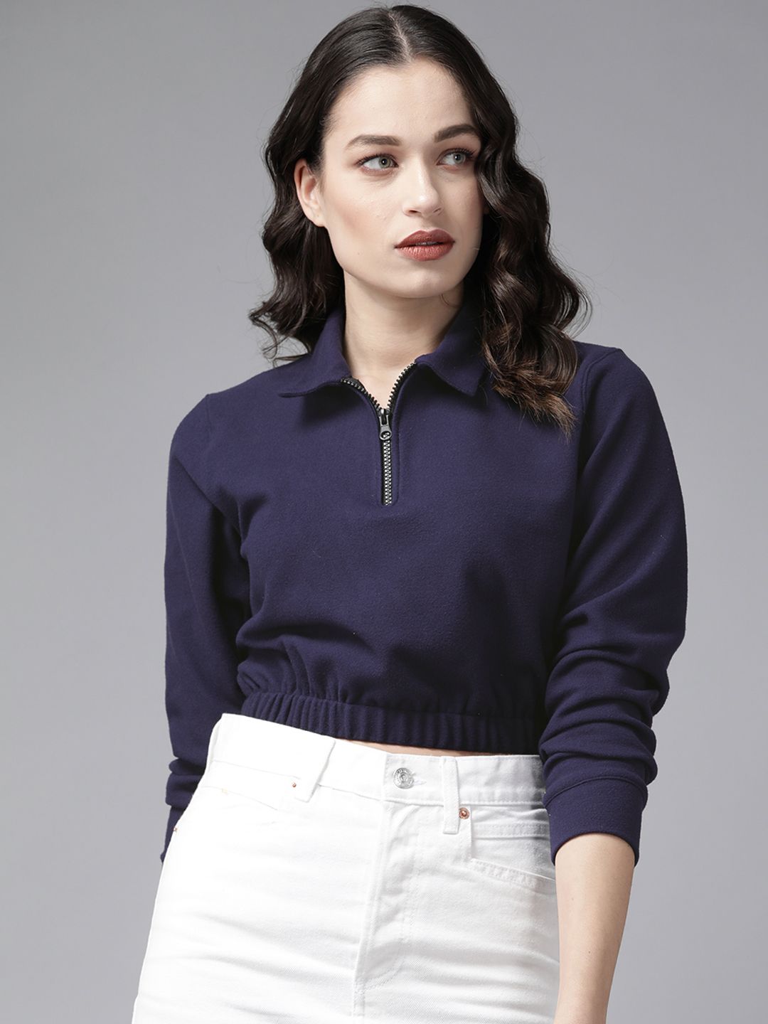 KASSUALLY Women Navy Blue Solid Crop Sweatshirt Price in India