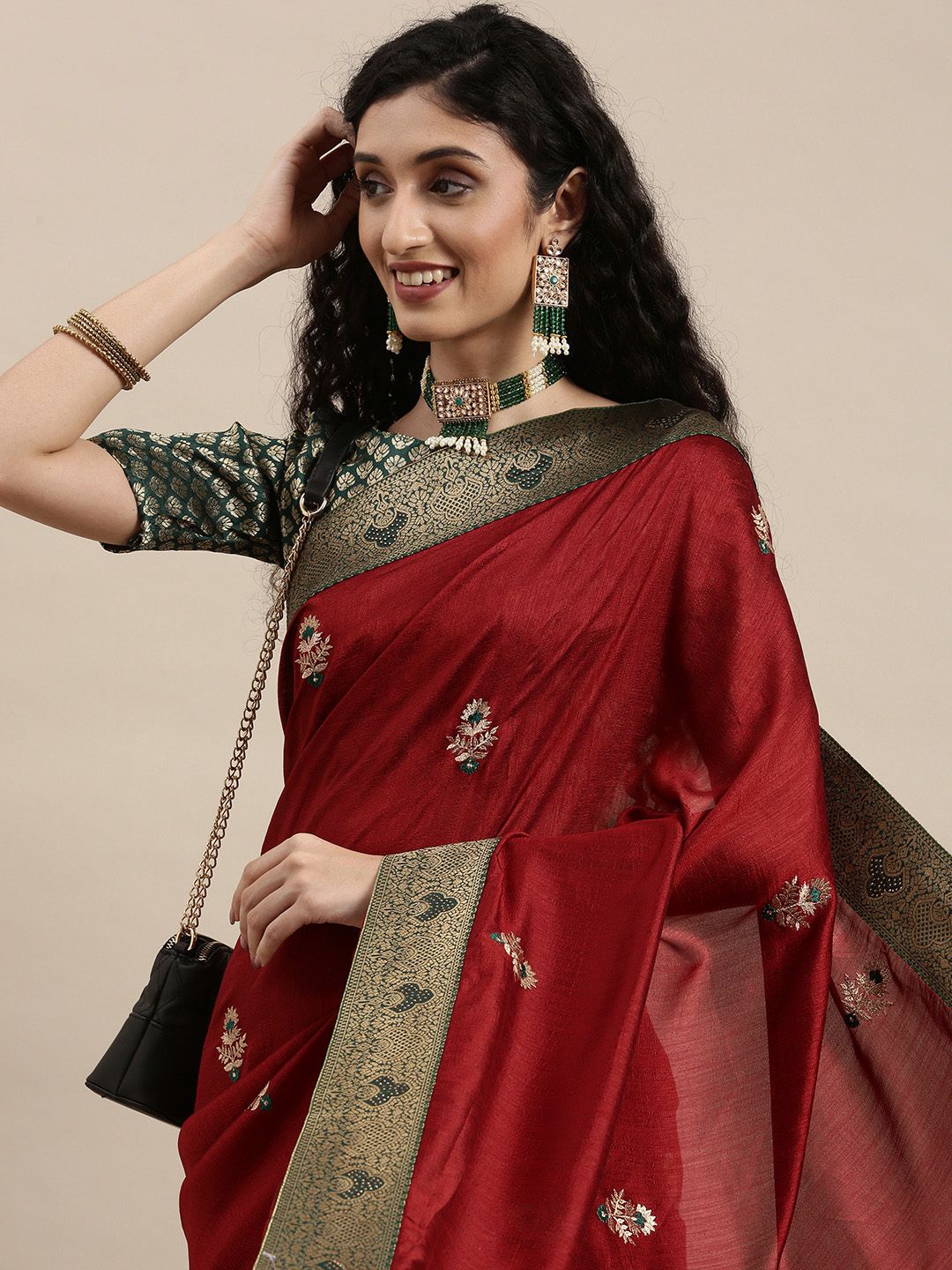 Mitera Red & Green Mukaish Pure Chiffon Saree Price in India