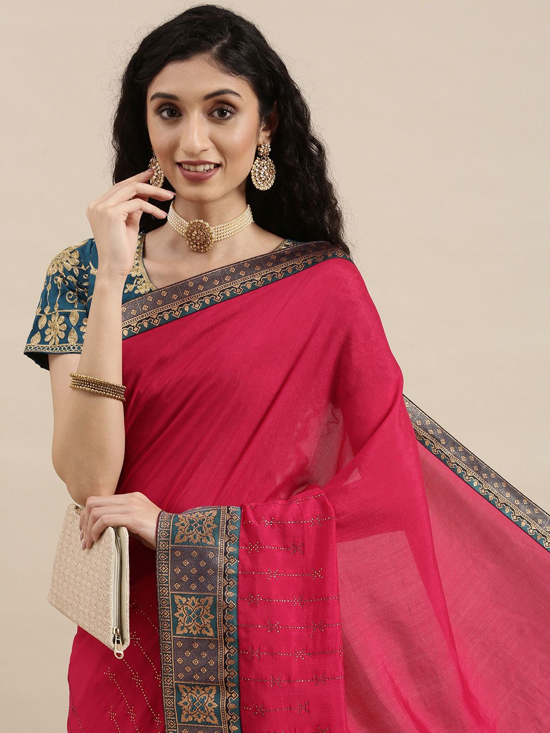 Mitera Pink & Teal Mukaish Pure Chiffon Saree Price in India