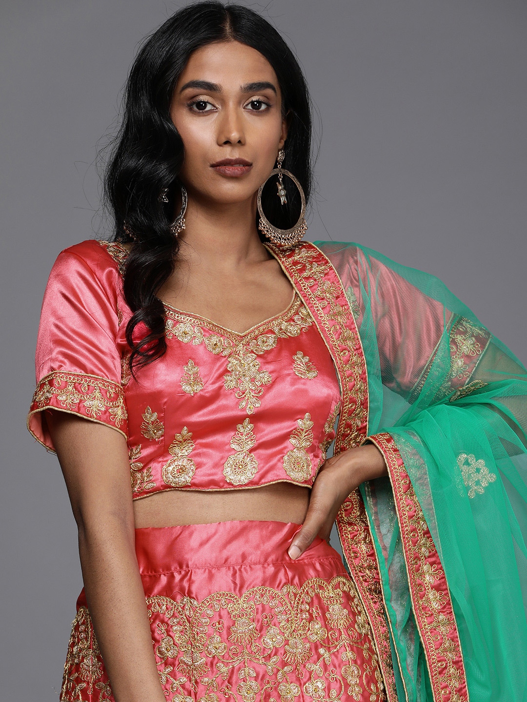 Mitera Green & Pink Semi-Stitched Lehenga & Unstitched Blouse With Dupatta Price in India