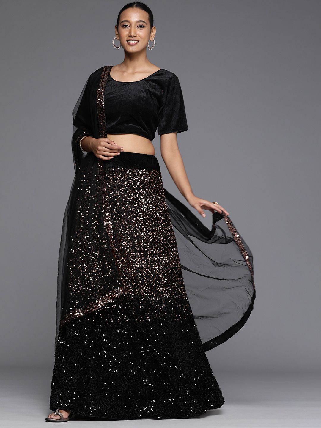 Mitera Black Velvet Embellished Semi-Stitched Lehenga & Unstitched Blouse With Dupatta Price in India