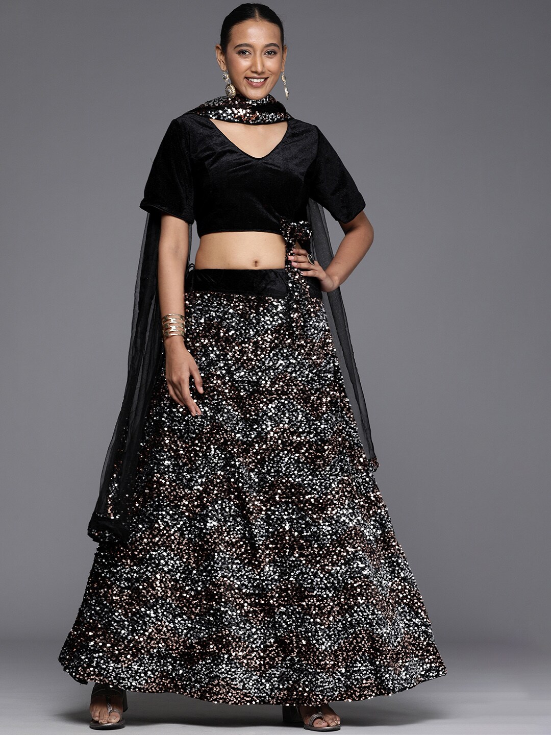 Mitera Black & Silver-Toned Velvet Semi-Stitched Lehenga & Unstitched Blouse With Dupatta Price in India