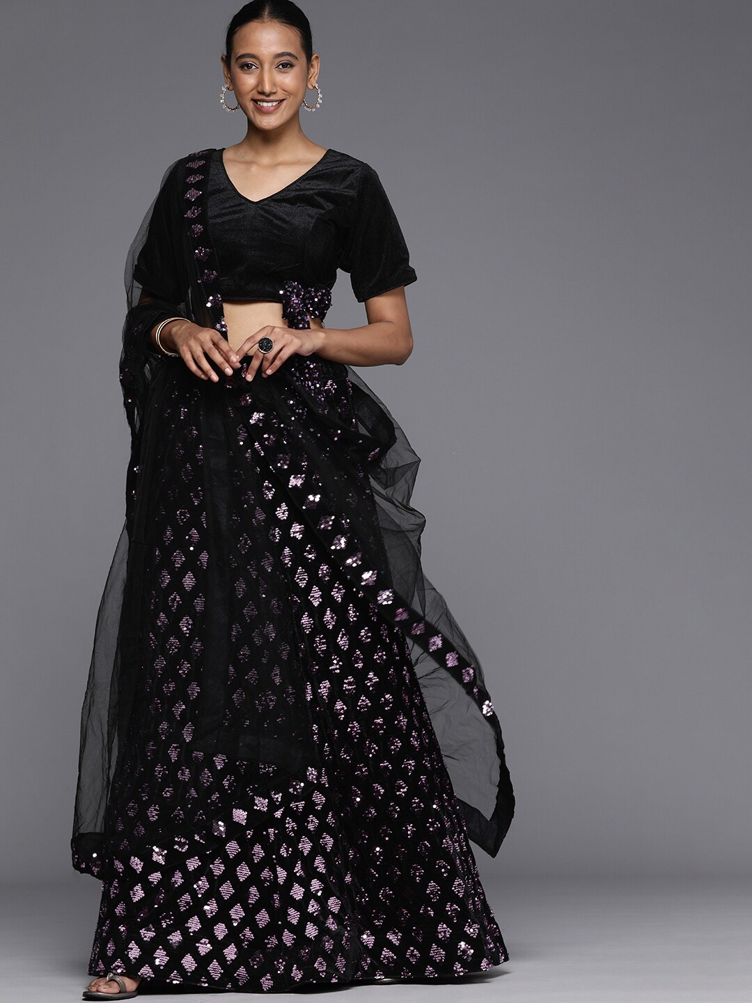 Mitera Black & Purple Velvet Semi-Stitched Lehenga & Unstitched Blouse With Dupatta Price in India