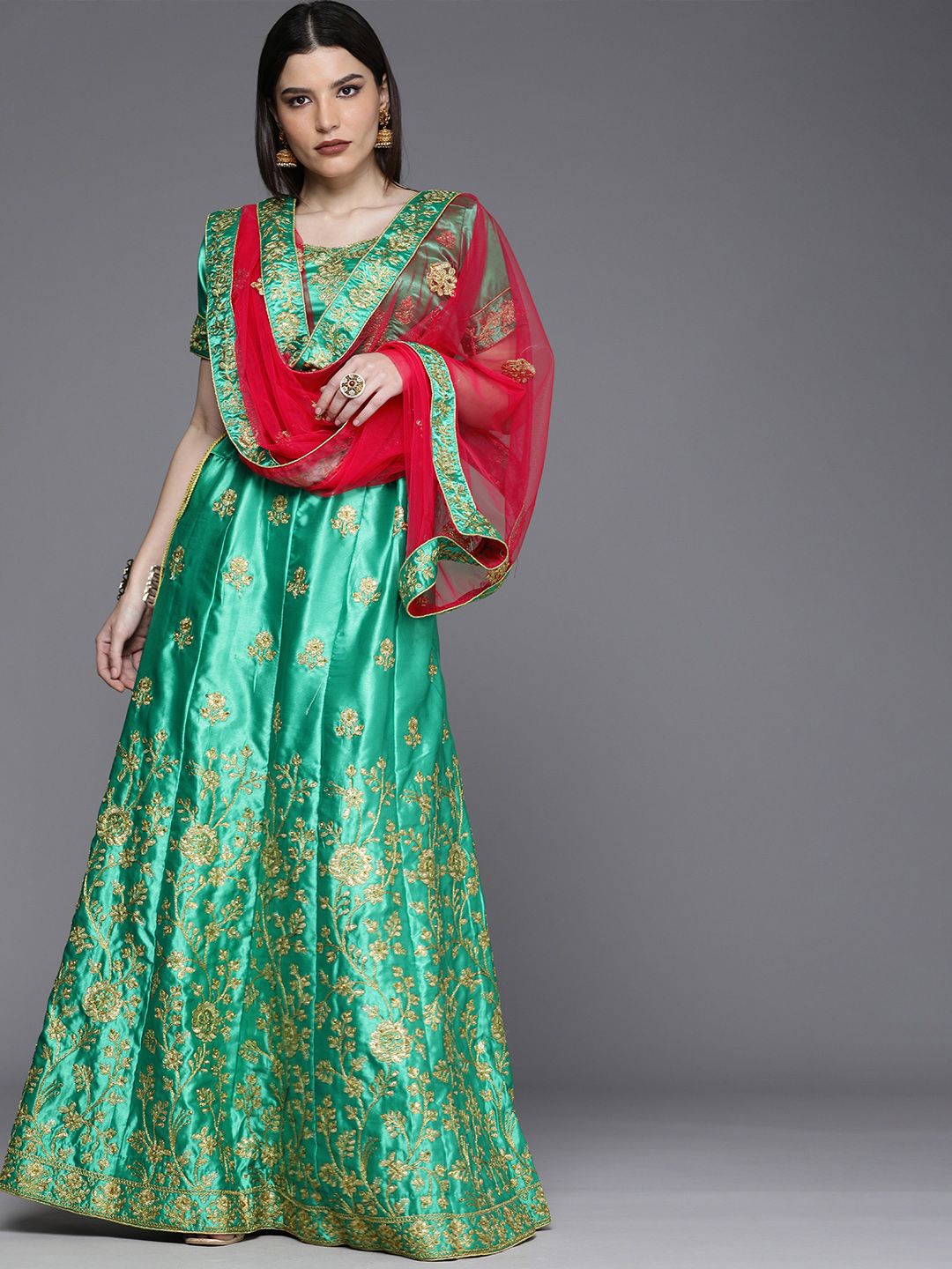 Mitera Green & Gold-Toned Semi-Stitched Lehenga & Unstitched Blouse With Dupatta Price in India
