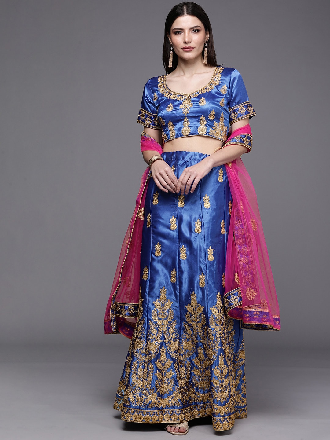 Mitera Blue & Pink Embroidered Semi-Stitched Lehenga & Unstitched Blouse With Dupatta Price in India