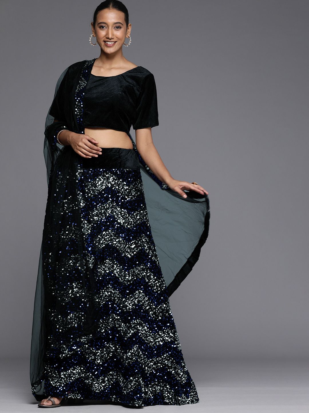 Mitera Navy Blue & Black Velvet Semi-Stitched Lehenga & Unstitched Blouse With Dupatta Price in India