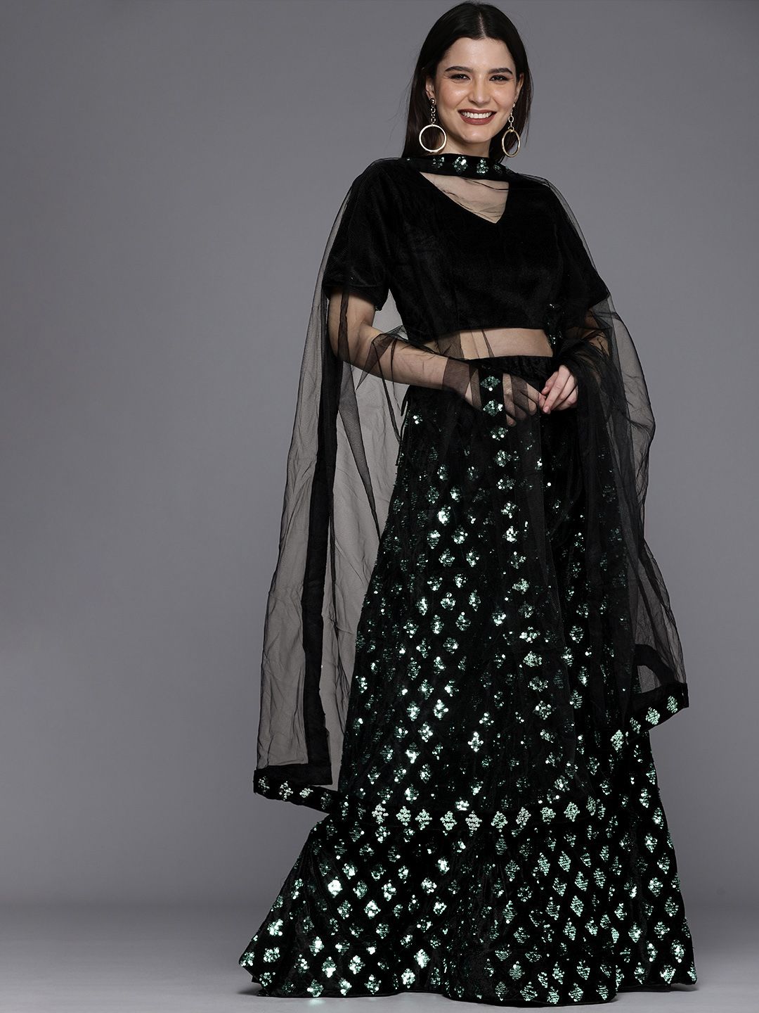 Mitera Green & Black Velvet Semi-Stitched Lehenga & Unstitched Blouse With Dupatta Price in India