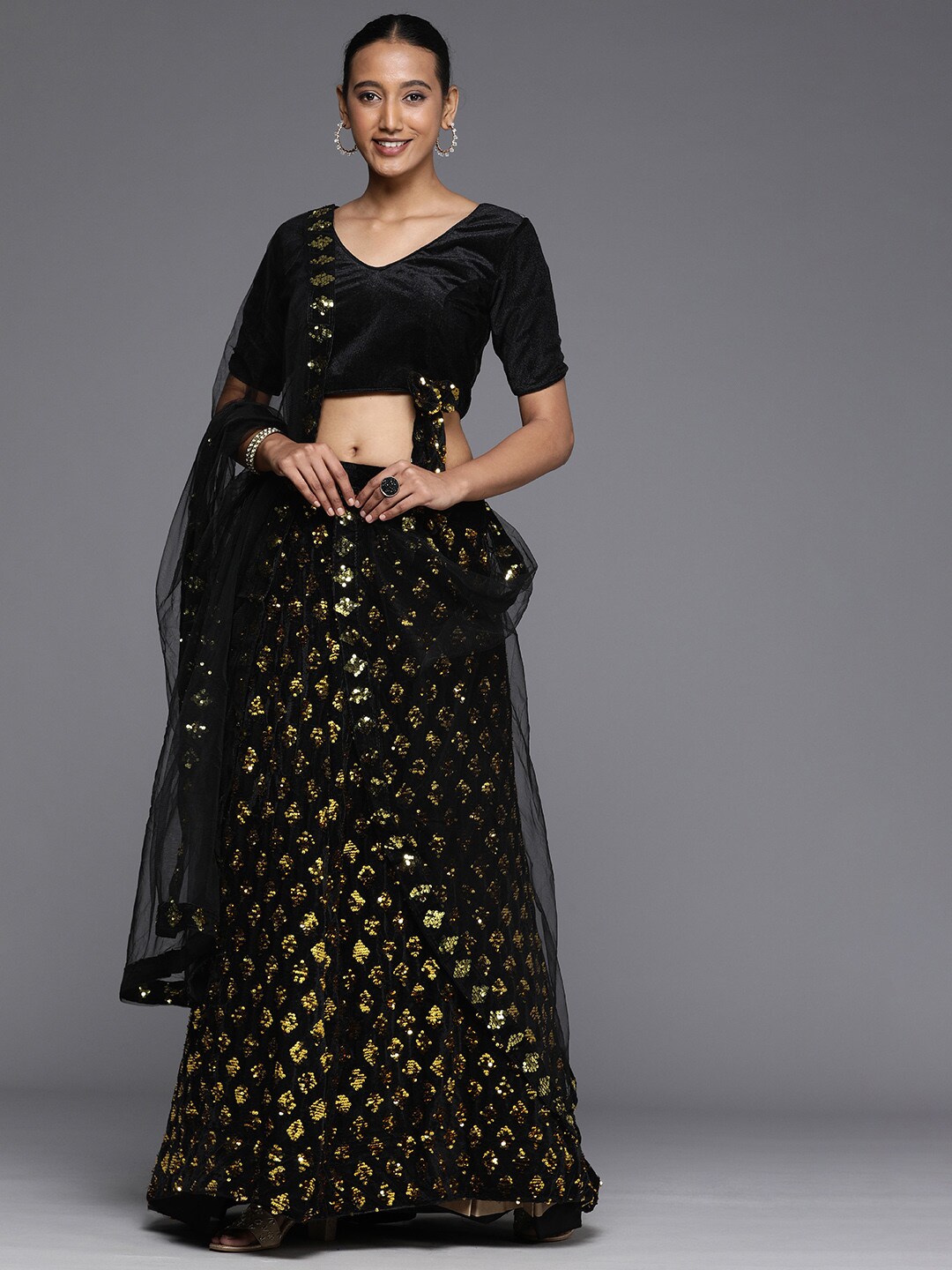 Mitera Black & Gold-Toned Velvet Semi-Stitched Lehenga & Unstitched Blouse With Dupatta Price in India