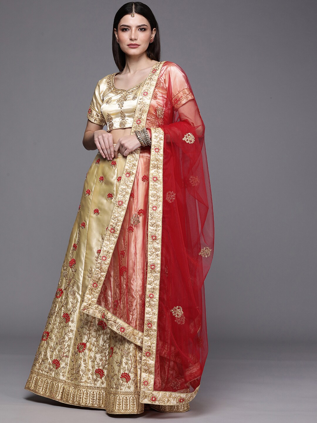 Mitera Cream-Coloured & Red Embroidered Semi-Stitched Lehenga & Unstitched Blouse With Dupatta Price in India
