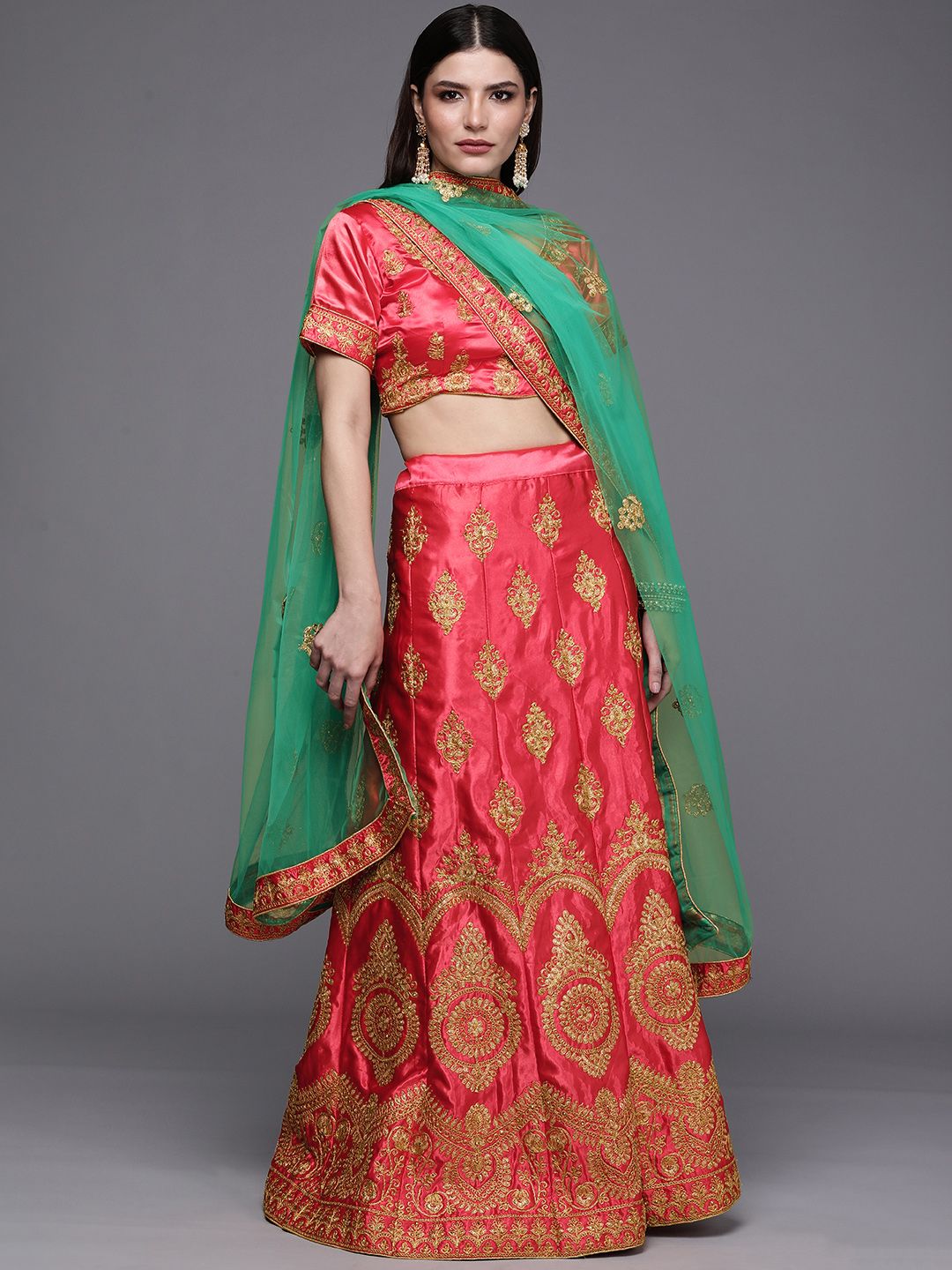 Mitera Pink & Green Embroidered Semi-Stitched Lehenga & Unstitched Blouse With Dupatta Price in India
