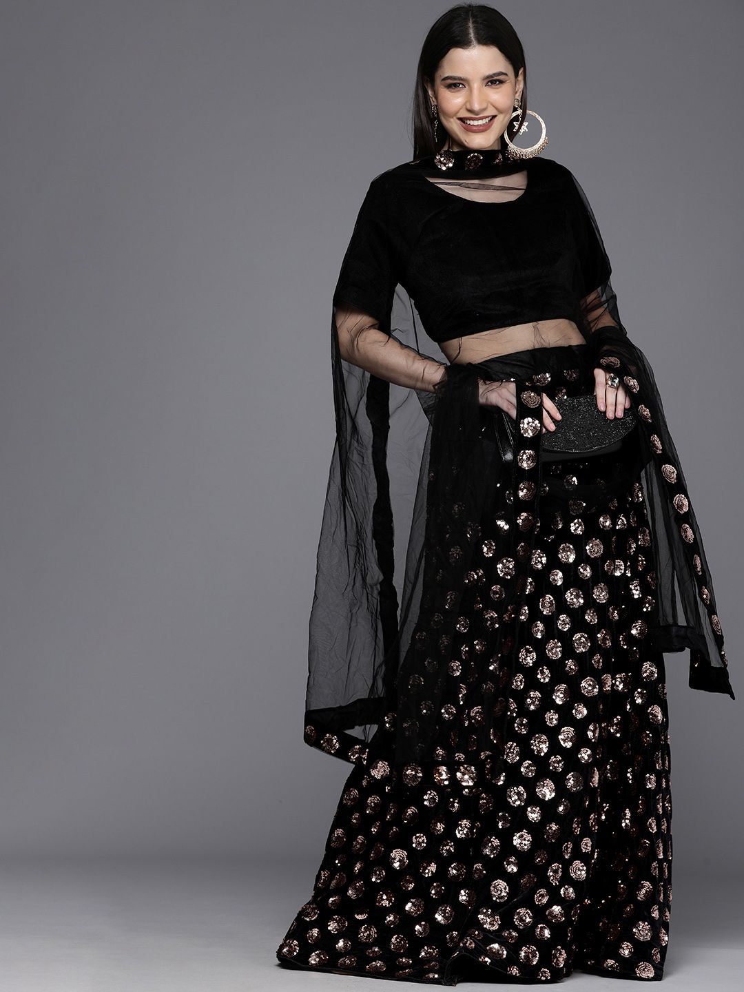 Mitera Black & Gold-Toned Velvet Semi-Stitched Lehenga & Unstitched Blouse With Dupatta Price in India