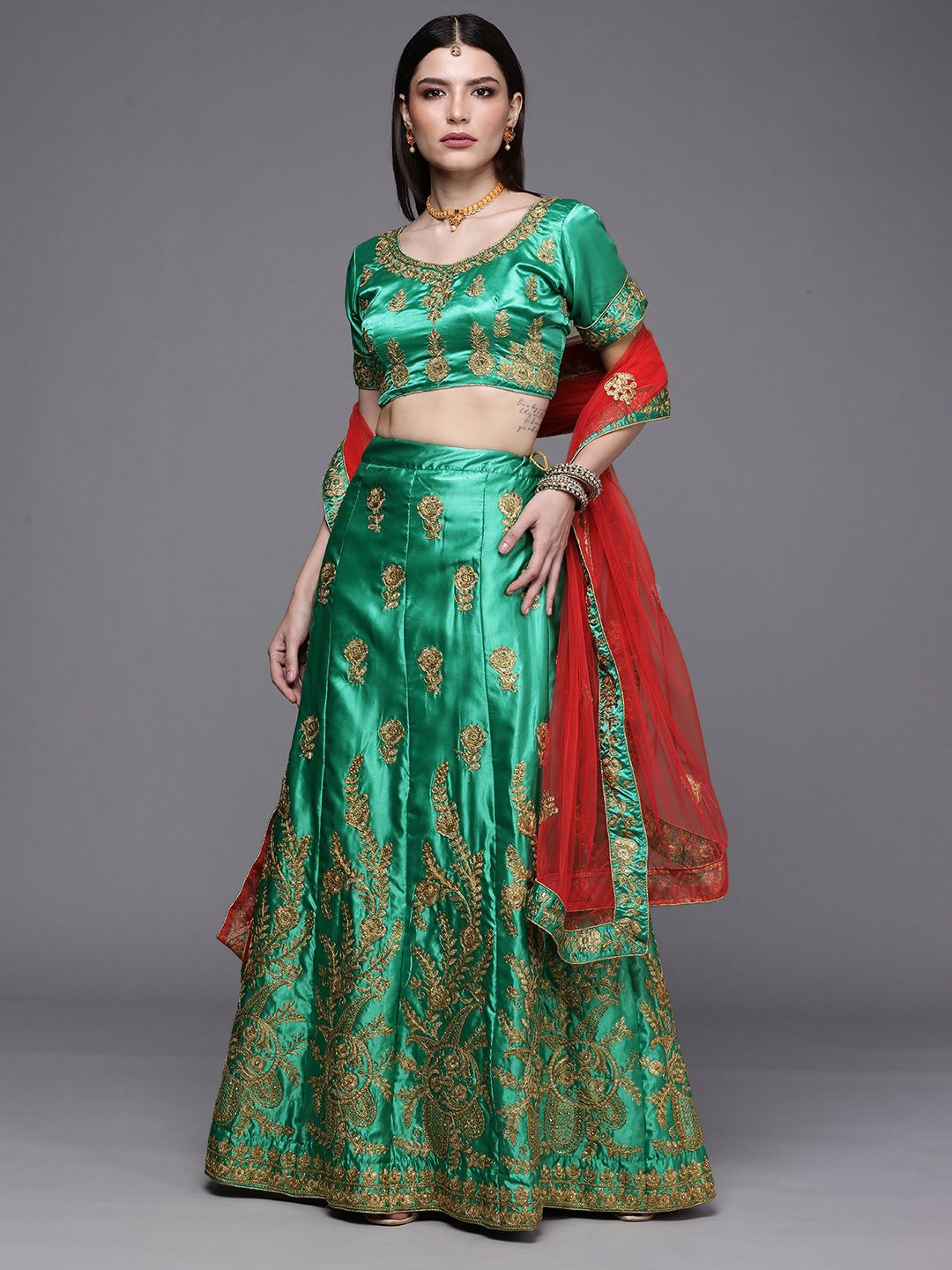 Mitera Green & Red Embroidered Semi-Stitched Lehenga & Unstitched Blouse With Dupatta Price in India