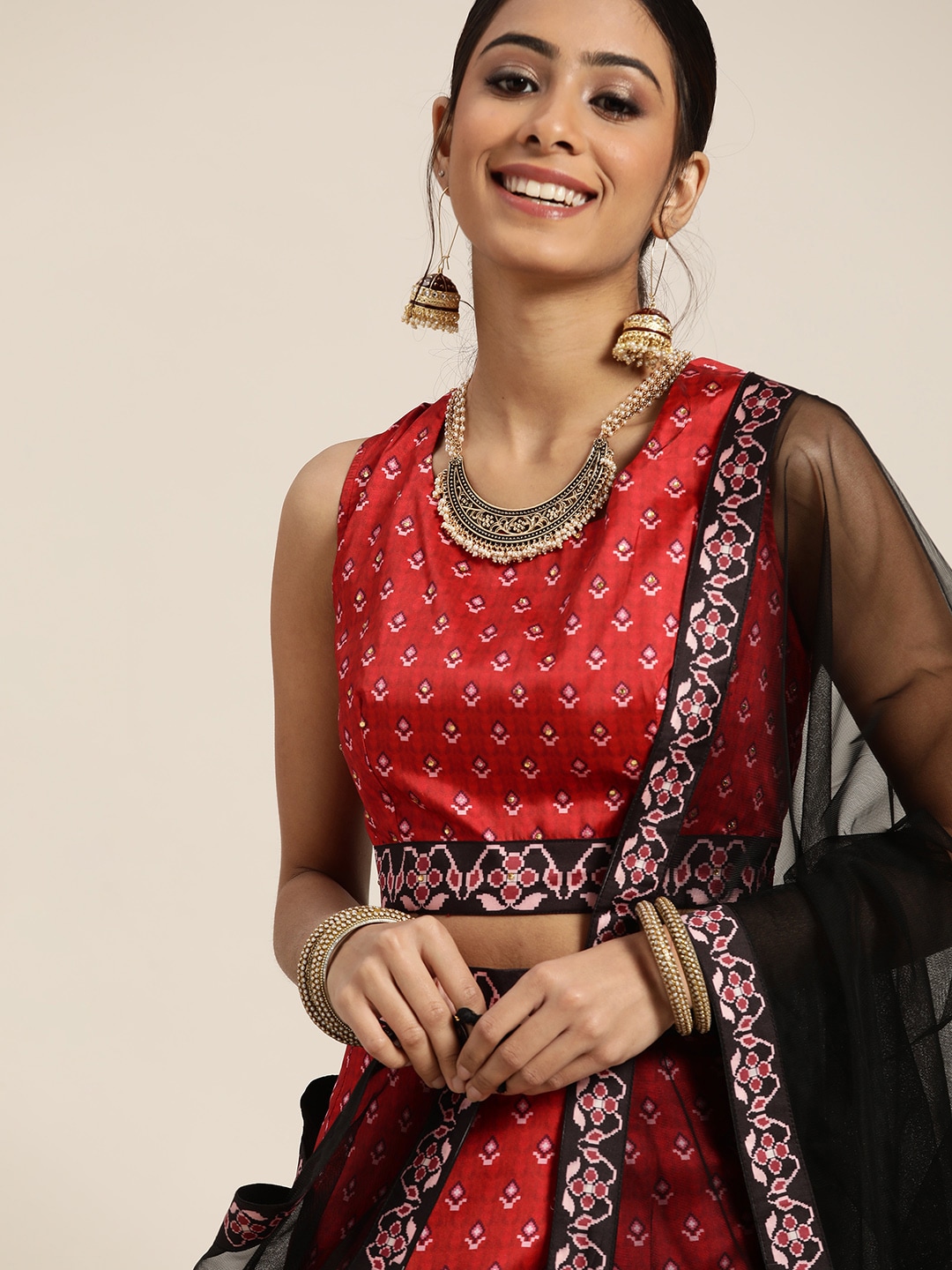 Sangria Red & Black Printed Semi-Stitched Lehenga & Unstitched Blouse With Dupatta Price in India