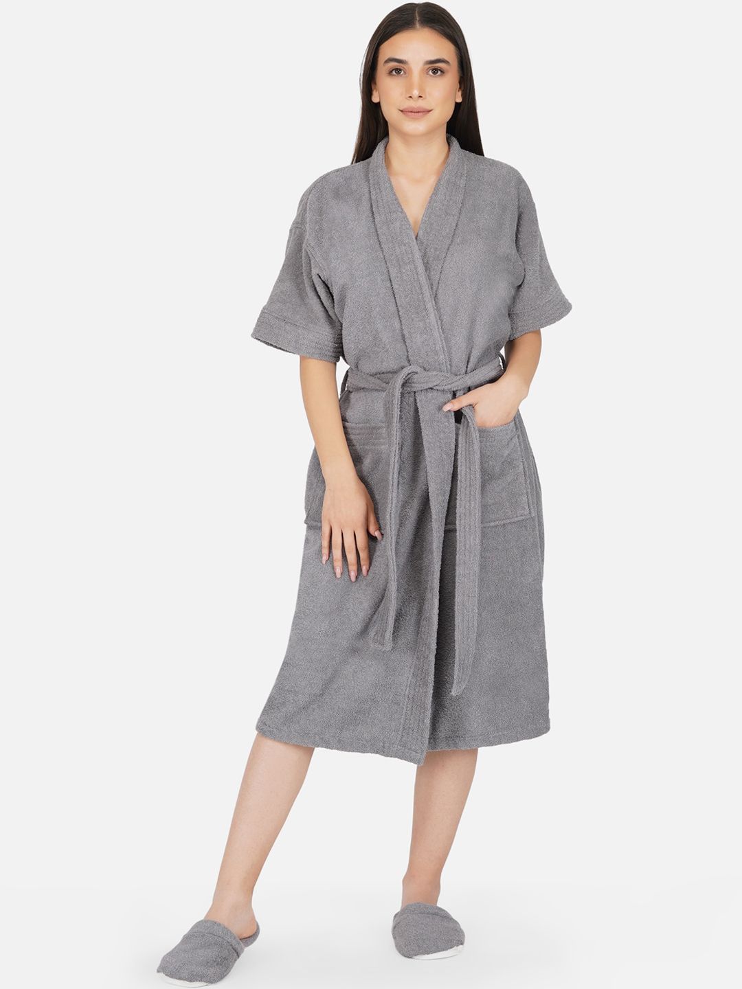RANGOLI Unisex Grey Pure Cotton 400 GSM Bathrobe with Room Slippers Price in India