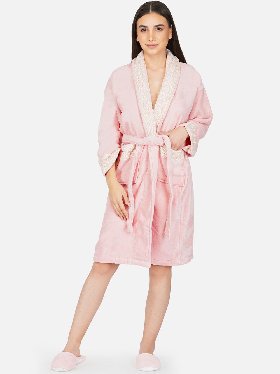 Rangoli Women Peach-Coloured Lace 550 GSM Pure Cotton Bath Robes With Slippers Price in India