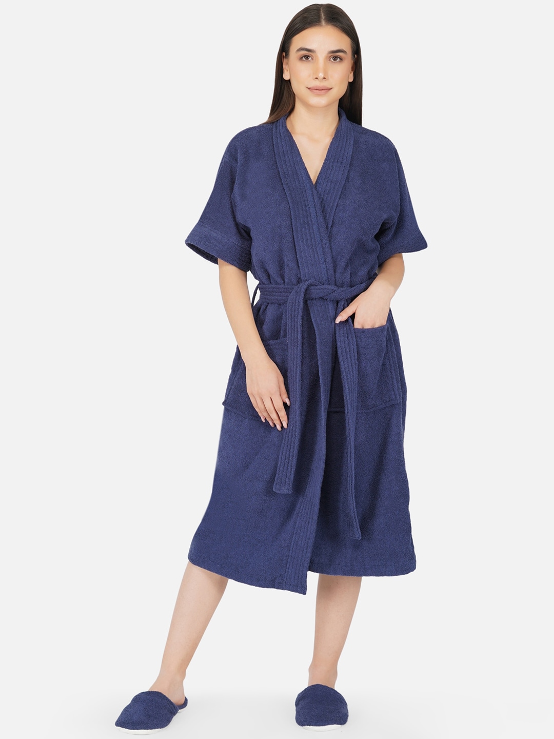 RANGOLI Women Navy Blue Pure Cotton 400 GSM Bathrobe with Room Slippers Price in India