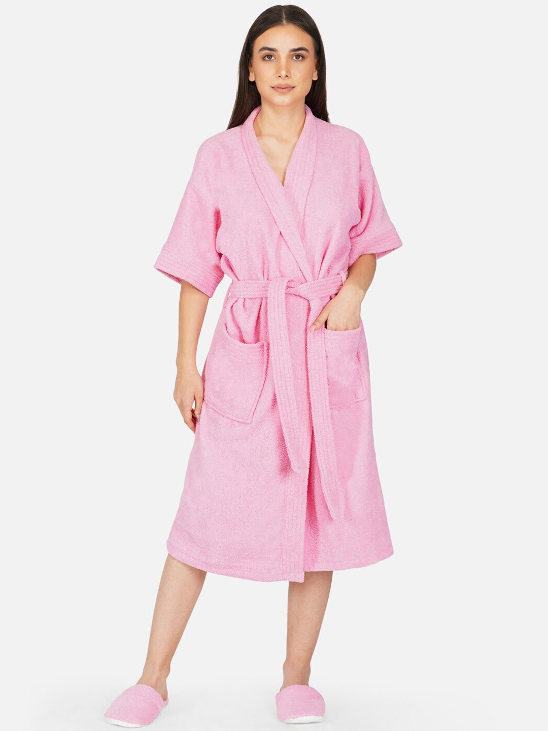 RANGOLI Women Pink Pure Cotton 400 GSM Bathrobe with Room Slippers Price in India