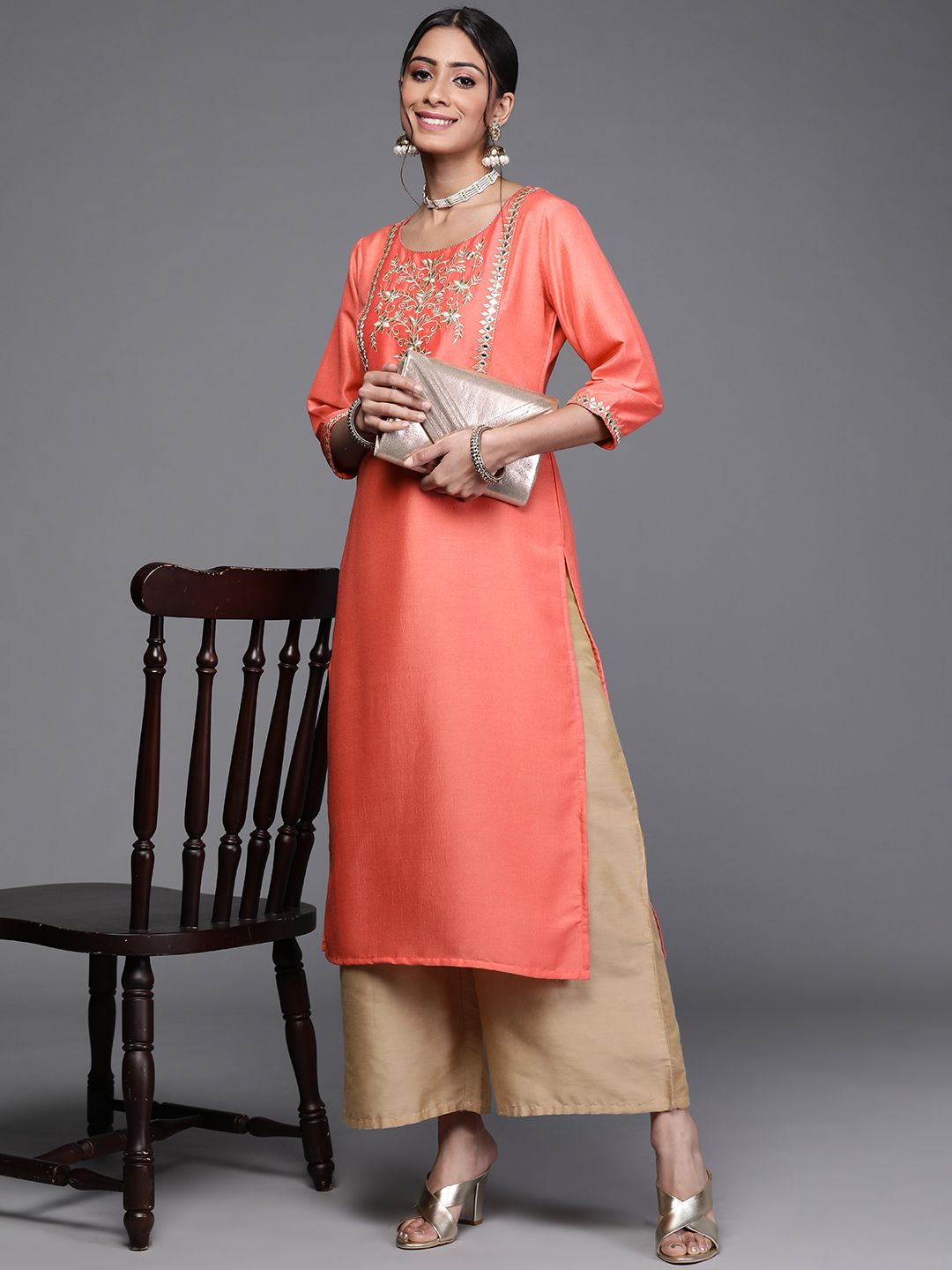 Libas Women Pink & Gold-Toned Floral Embroidered Chanderi Silk Kurta Price in India