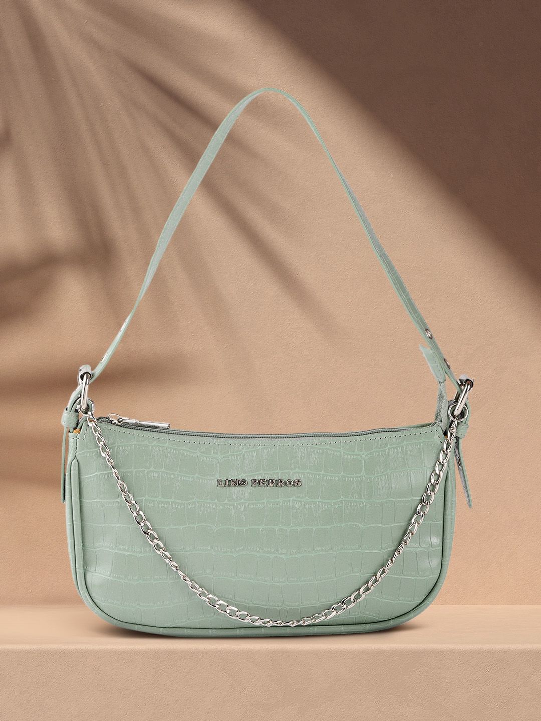 Lino Perros Mint Green Croc Textured Baguette Bag Price in India