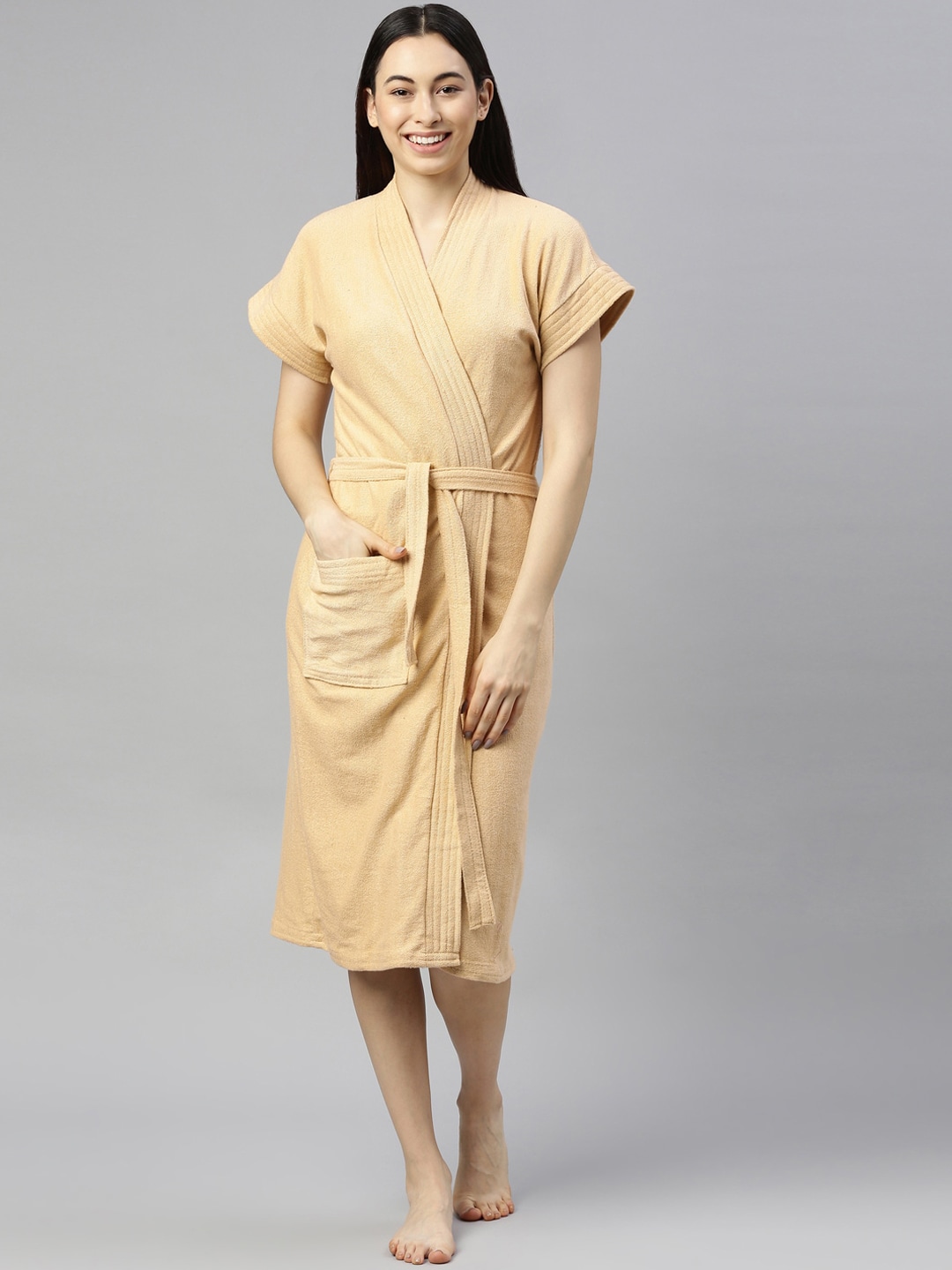 GOLDSTROMS Women Beige Solid Cotton Bath Robe Price in India