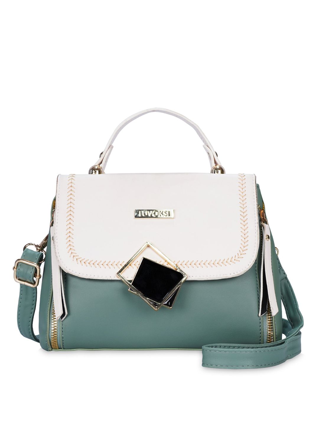 Luvoksi Green Colourblocked PU Structured Satchel with Tasselled Price in India