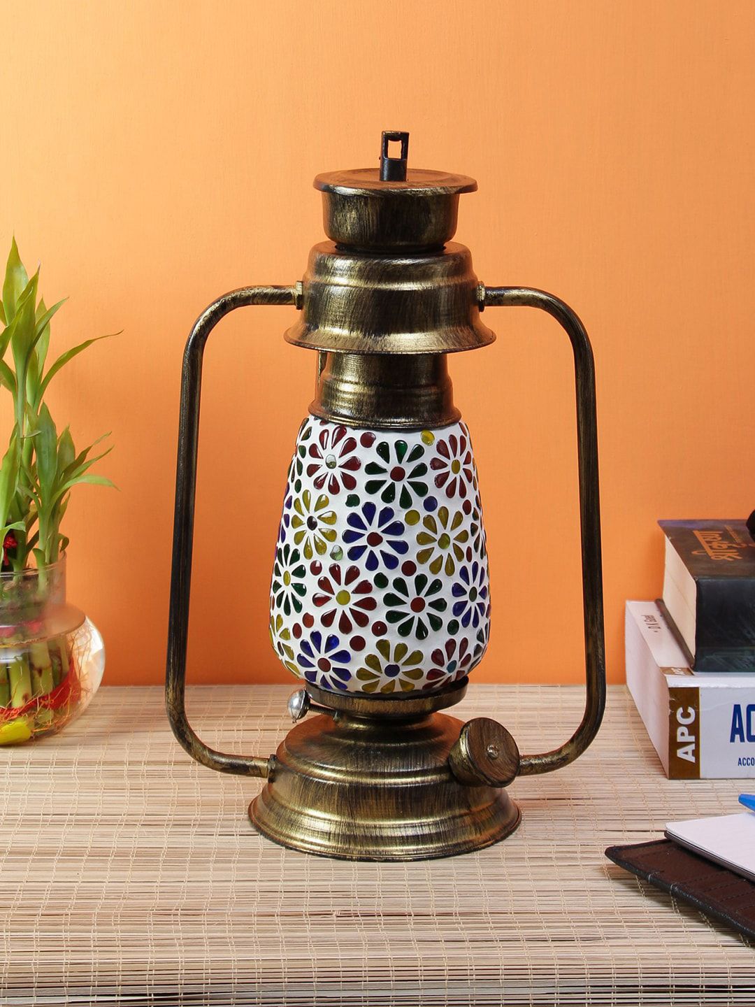 Devansh Multicolored Antique Gold Mosaic Lantern Table Lamp Price in India