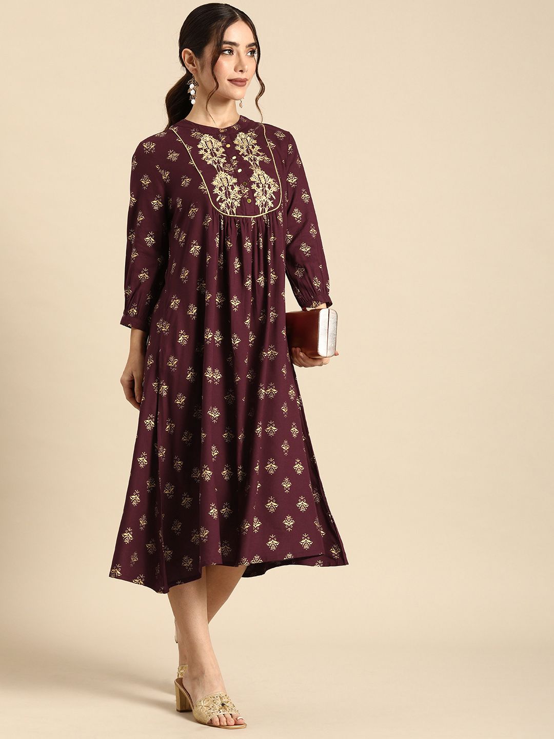 all about you Women Maroon & Gold-Toned Ethnic Motifs Printed Empire Midi Dress Price in India