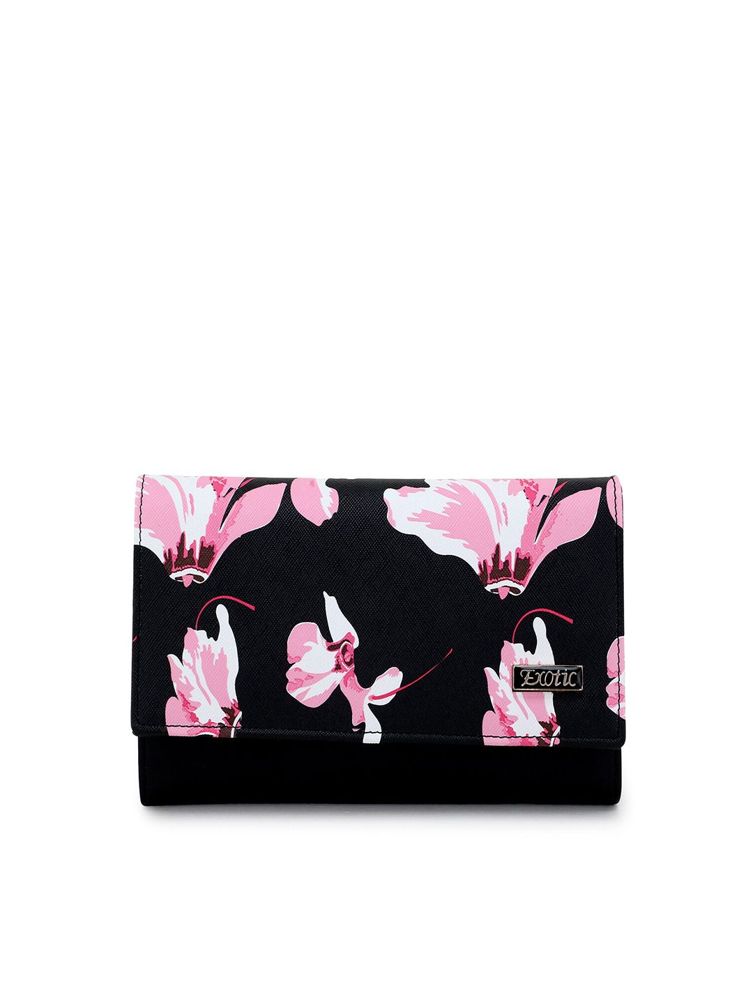 Exotic Women Black & Pink Floral Printed PU Envelope Price in India