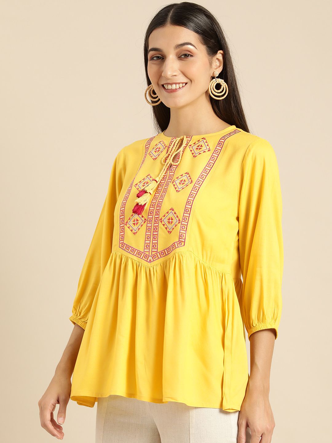 all about you Yellow & Pink Ethnic Motifs Embroidered Kurti Price in India