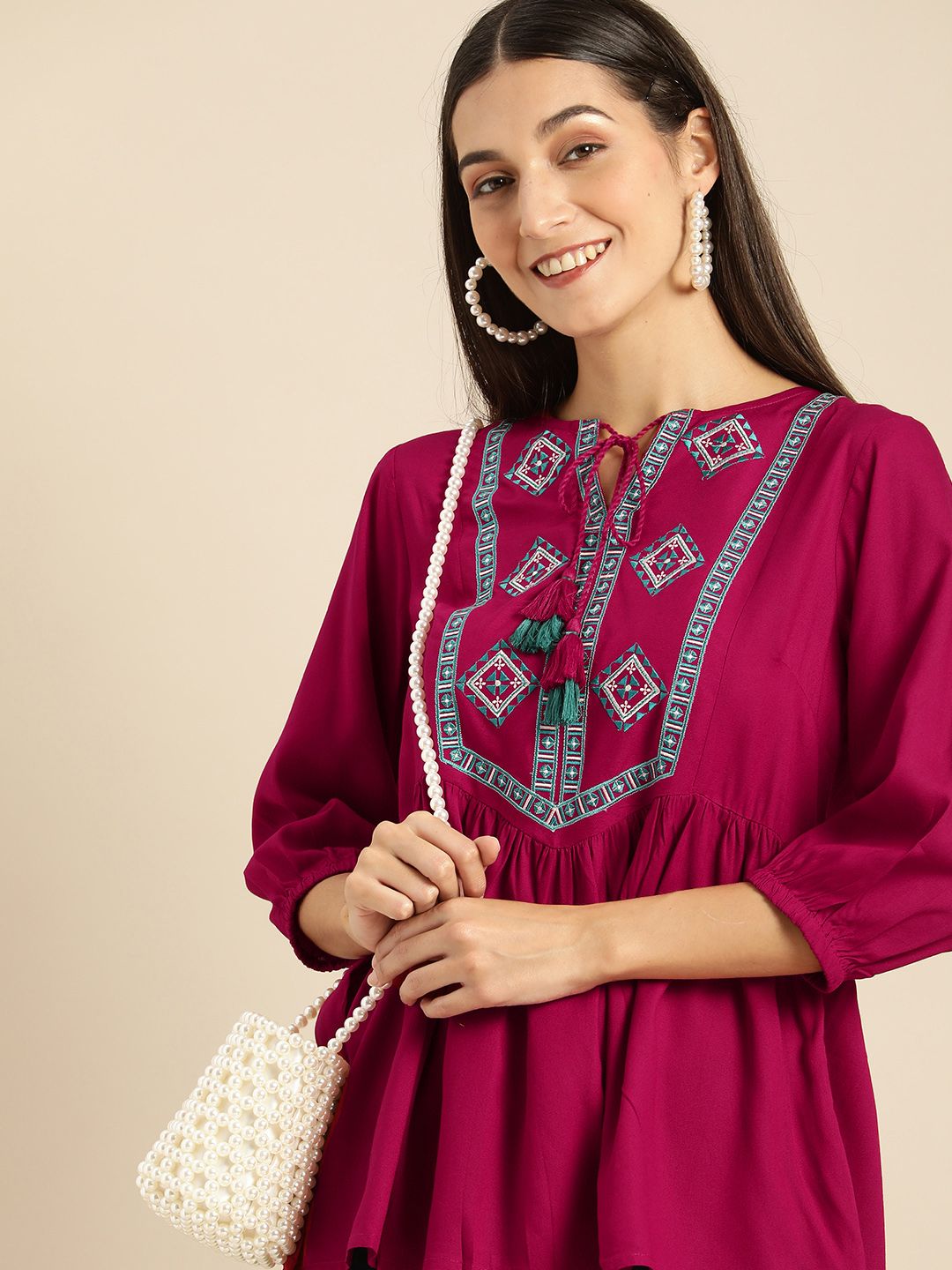 all about you Magenta Pink & Blue Ethnic Motifs Embroidered Kurti Price in India