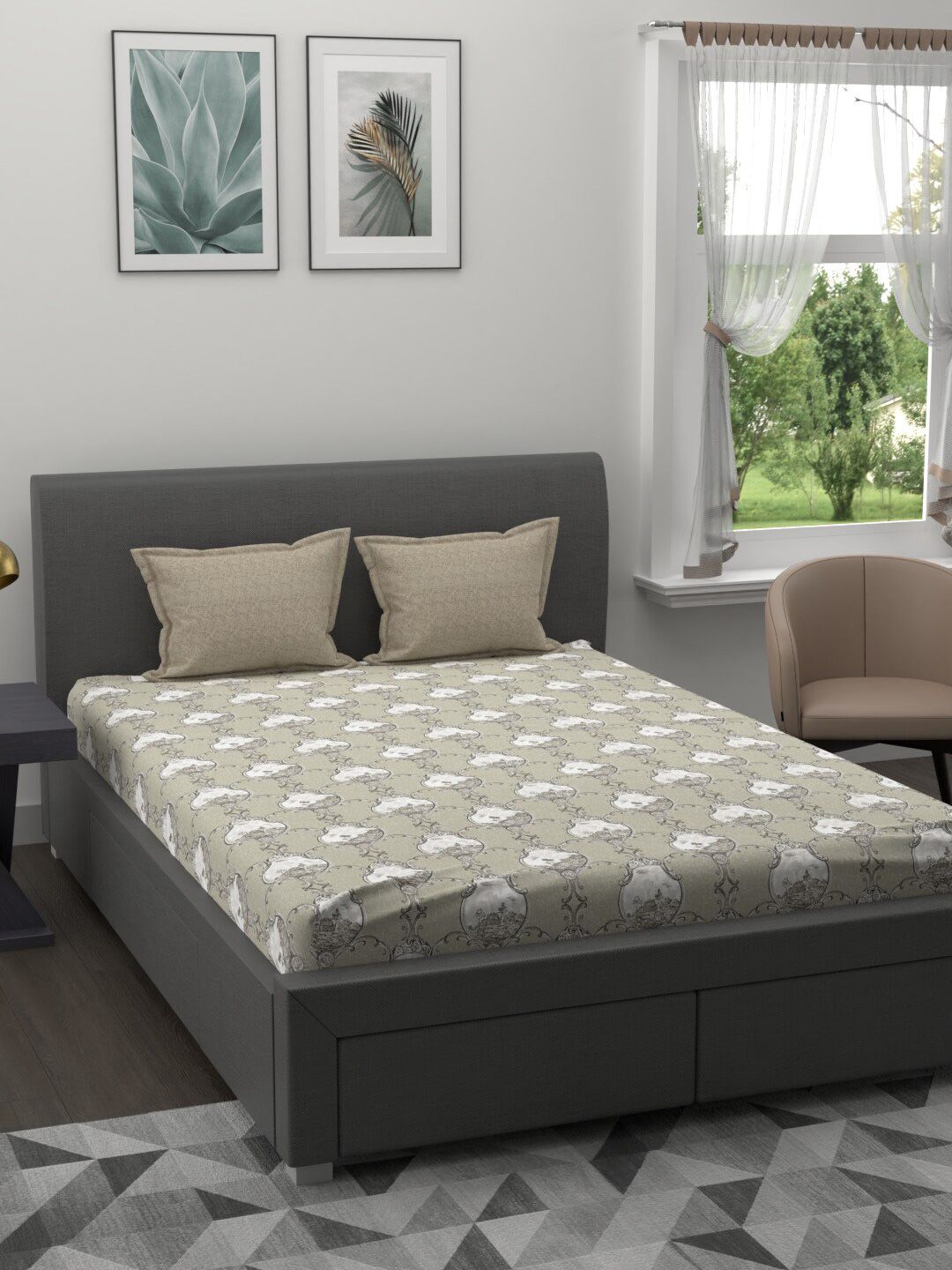 Trident Grey & White Floral 144 TC King Bedsheet with 2 Pillow Covers Price in India