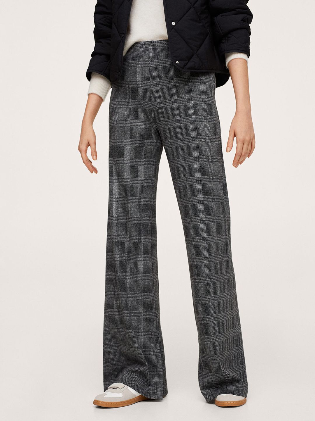 MANGO Women Grey Checked Flared High-Rise Wide-leg Trousers Price in India