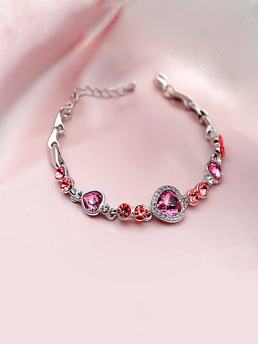 Yellow Chimes Women Pink & Silver-Plated Heart Crystal Charm Bracelet Price in India