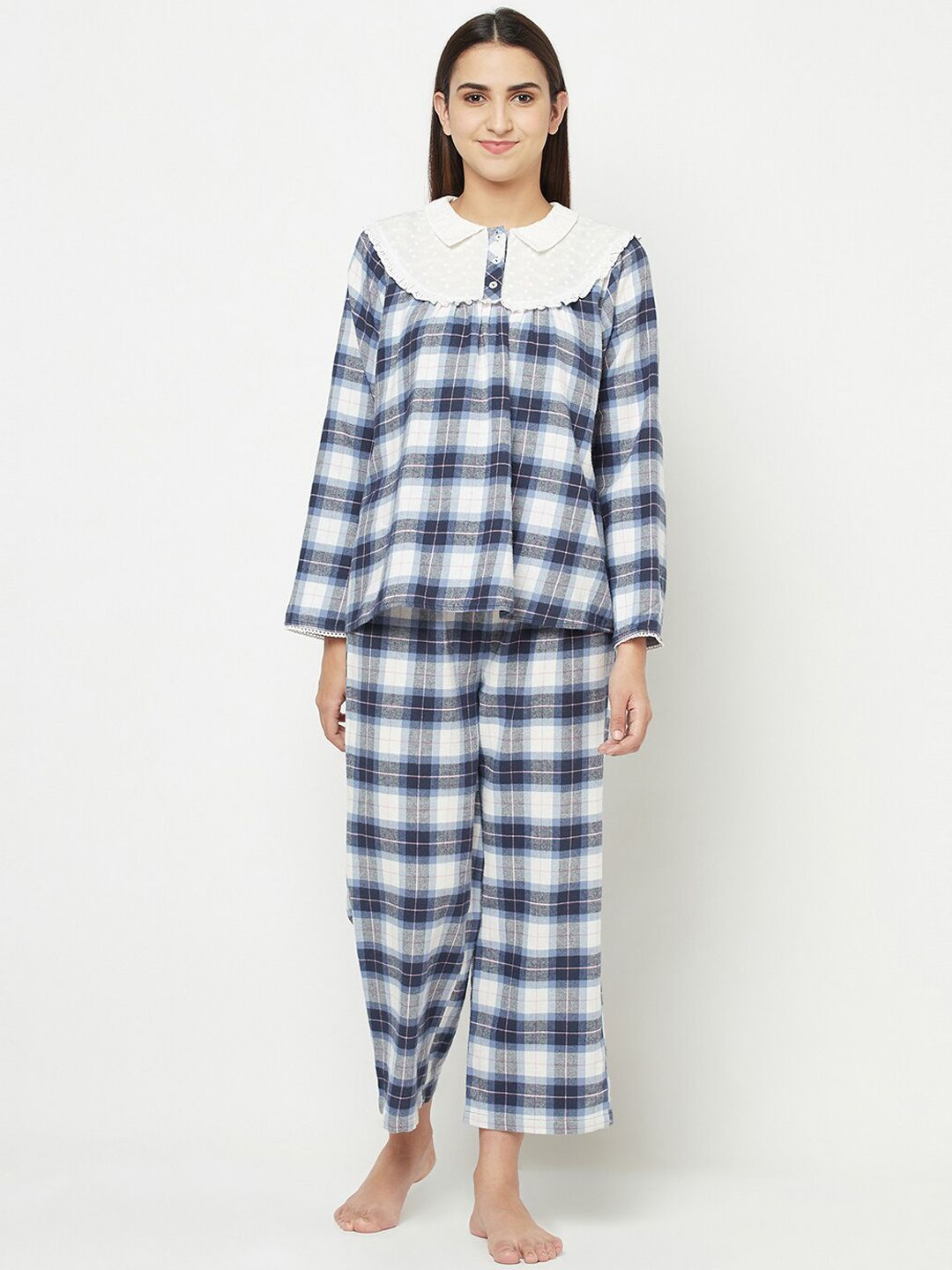 BLANC9 Women Blue & White Checked Pure Cotton Night Suit Price in India