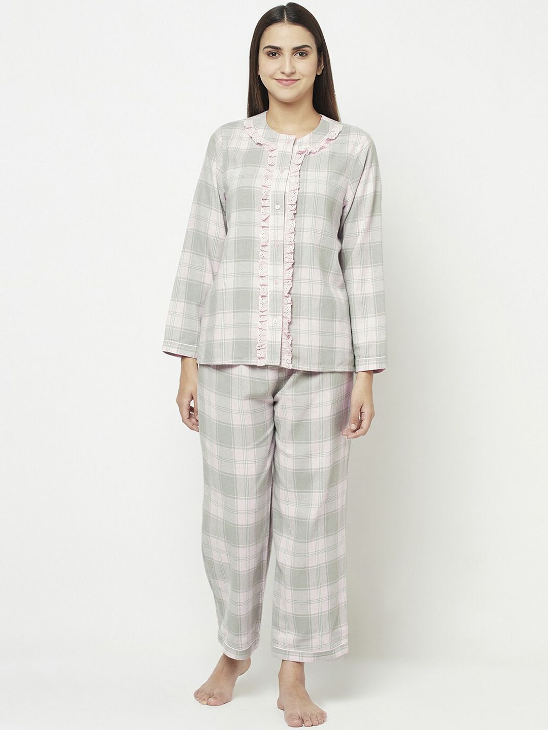 BLANC9 Women Grey & Pink Pure Cotton Checked Night suit Price in India