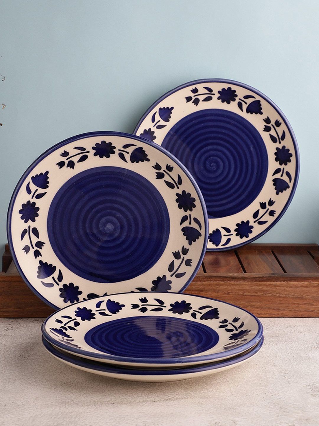 The Decor Mart Set of 4 Blue Floral Printed Dishwasher Safe Quarter Plates Price in India