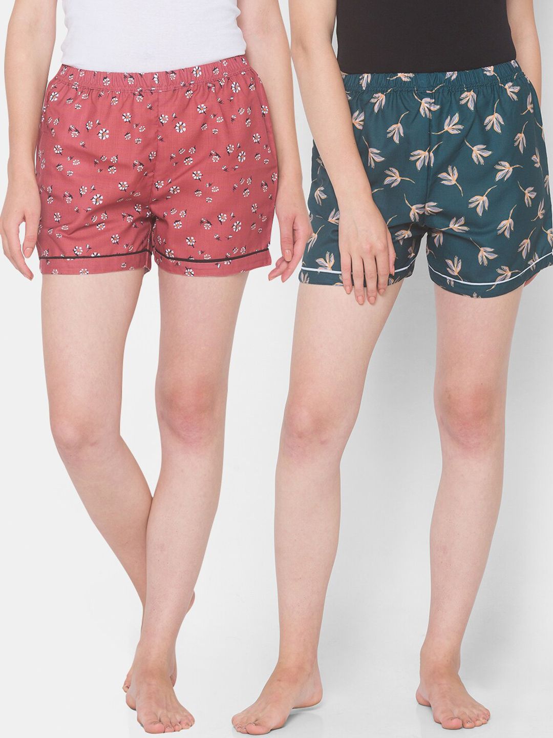 FashionRack Women Brown & Teal Pack Of 2 Printed Lounge Shorts Price in India