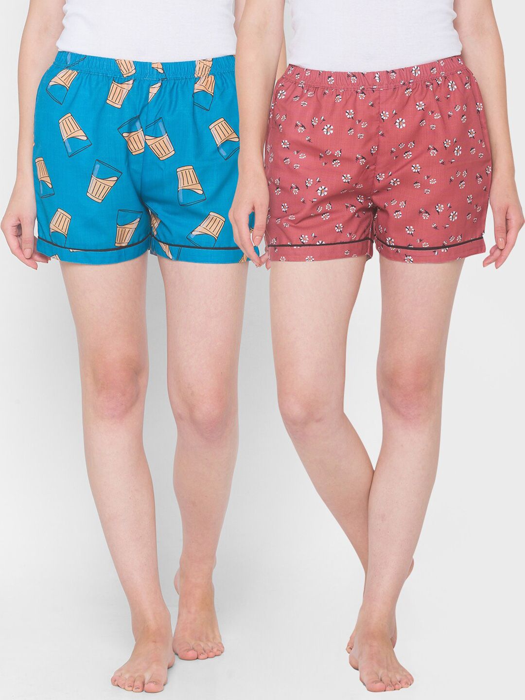 FashionRack Women Brown & Blue Pack of 2 Printed Cotton Lounge Shorts Price in India