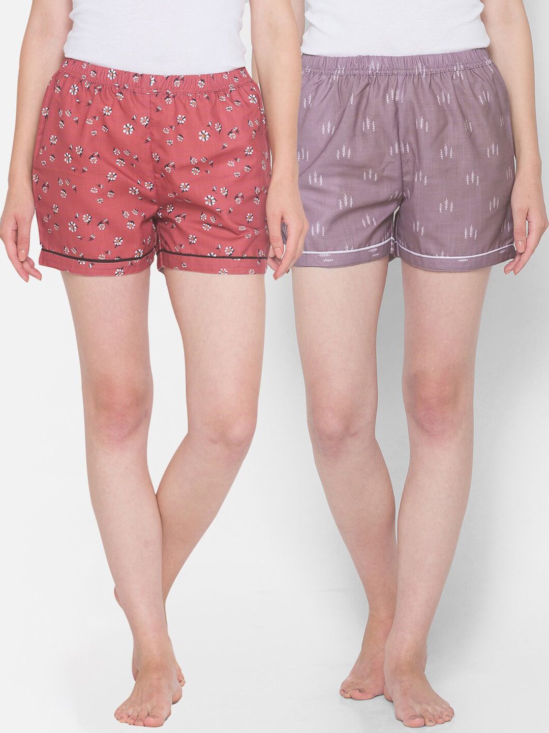 FashionRack Women Pack Of 2 Brown & Grey Printed Lounge Shorts Price in India