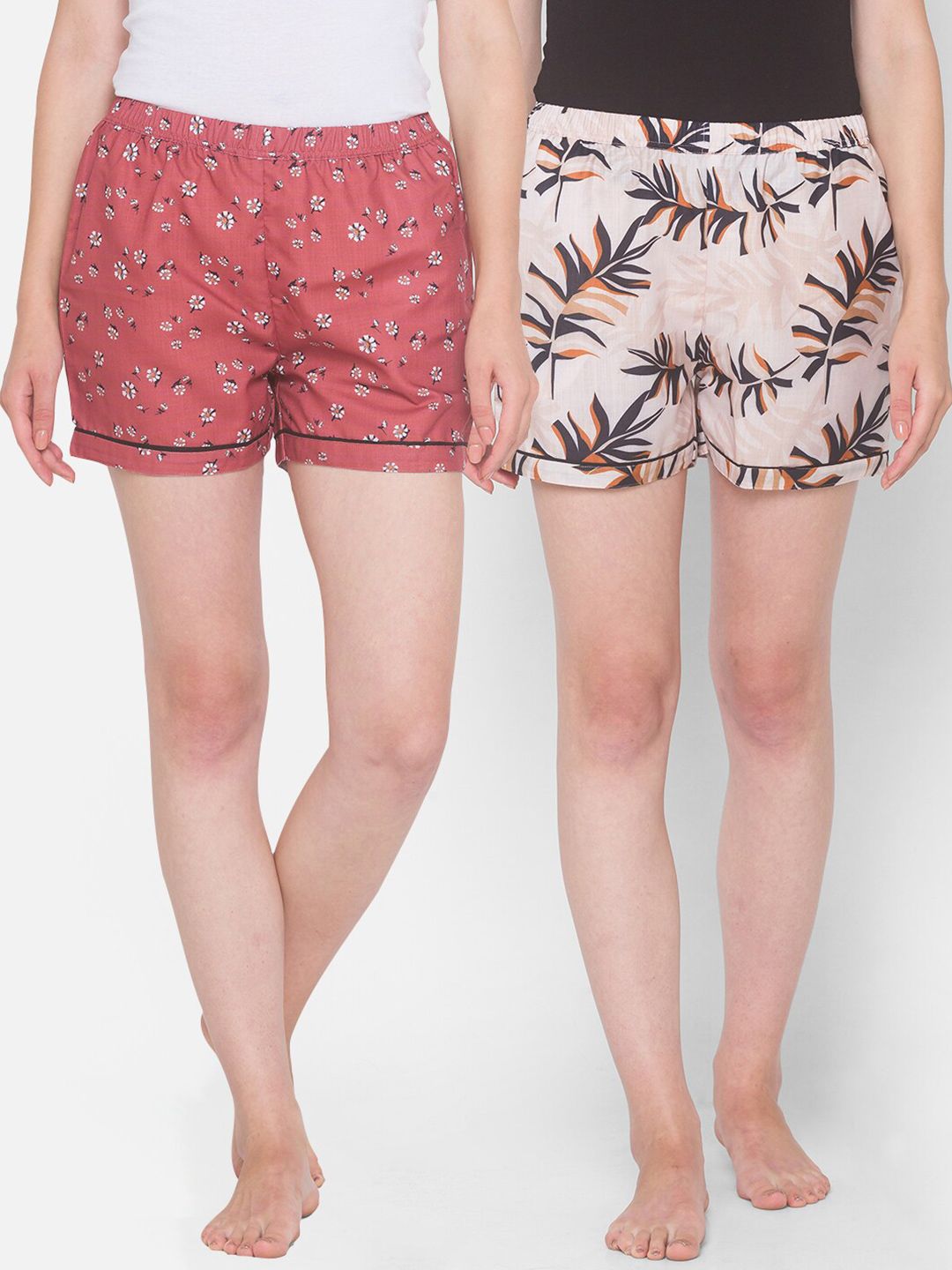 FashionRack Women Pack of 2 Mauve & Off White Printed Lounge Shorts Price in India