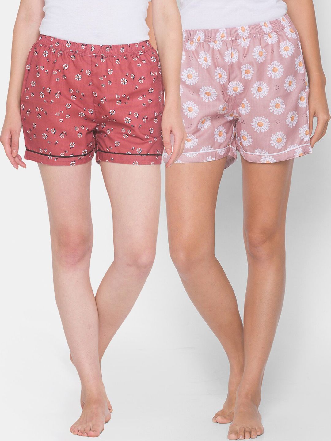 FashionRack Woman Pack of 2 Brown & Pink Printed Lounge Shorts Price in India