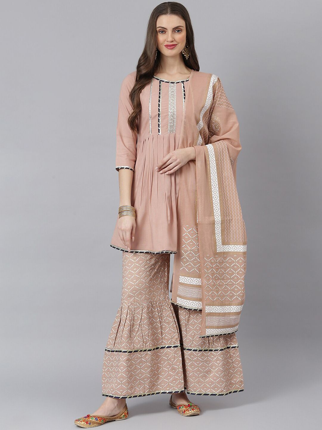 Stylum Women Beige Yoke Design Gotta Patti A-Line Kurta with Sharara & Dupatta Price in India