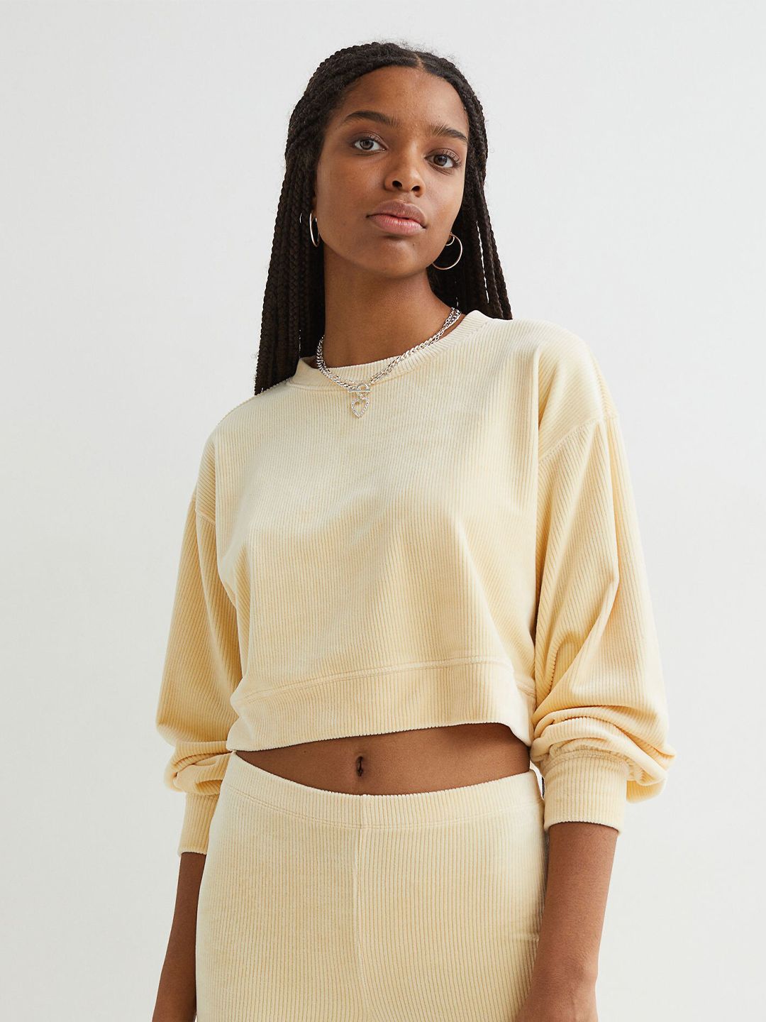 H&M Women Yellow Cropped Ribbed Velour Top Price in India