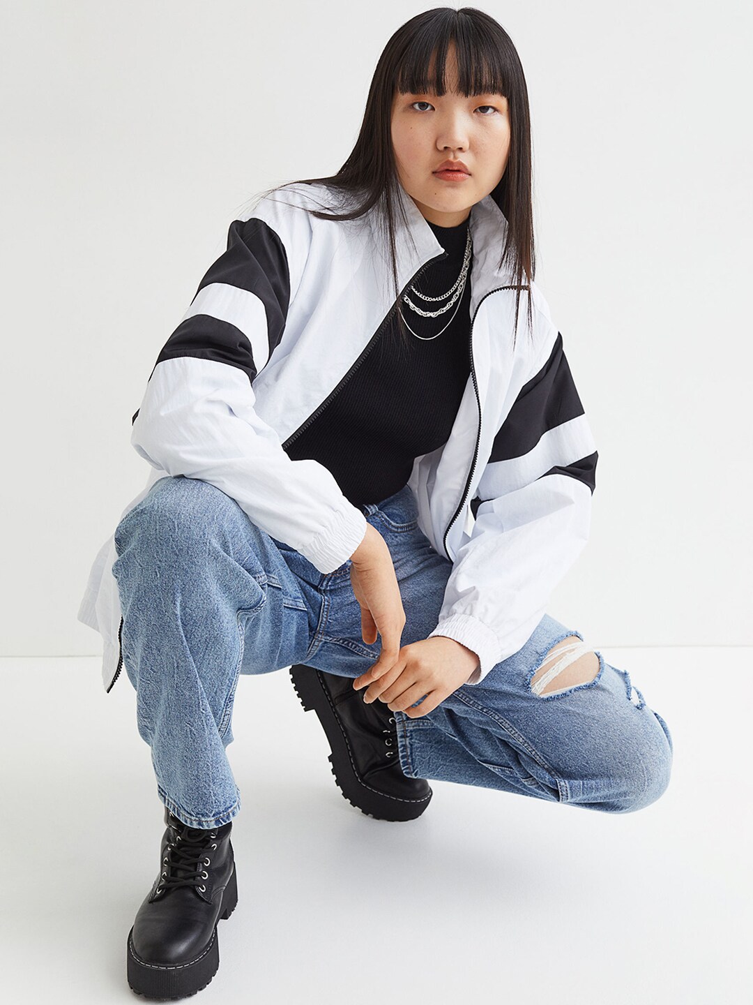 H&M Women White Colourblocked Sporty Nylon Jacket Price in India