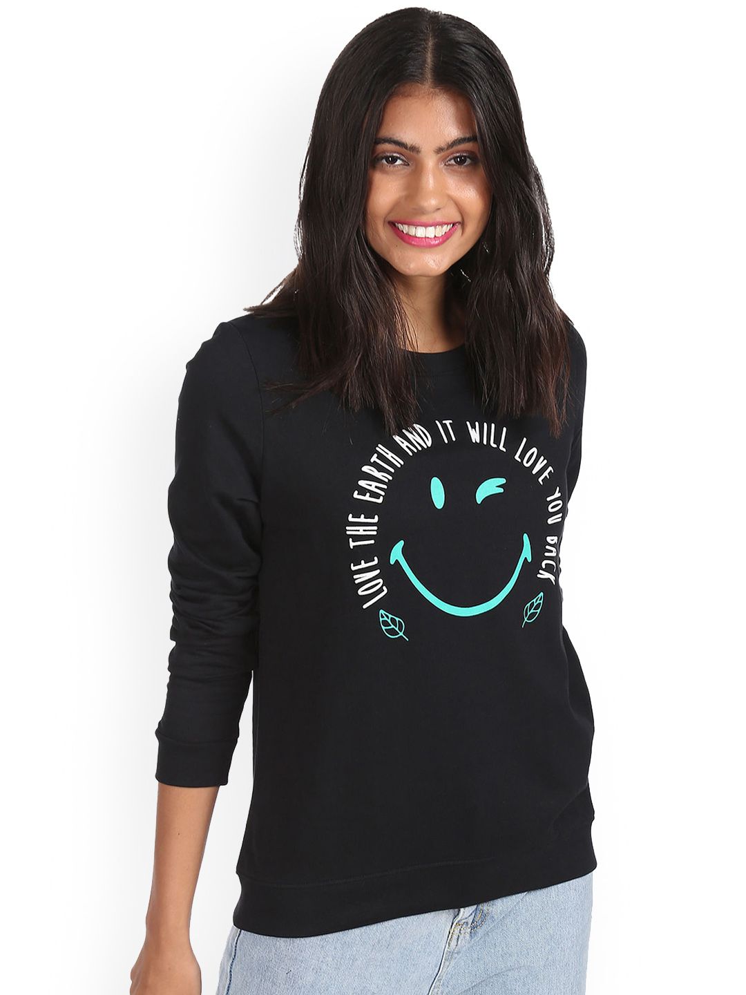 Sugr Women Black Round Neck Printed Sweatshirt Price in India