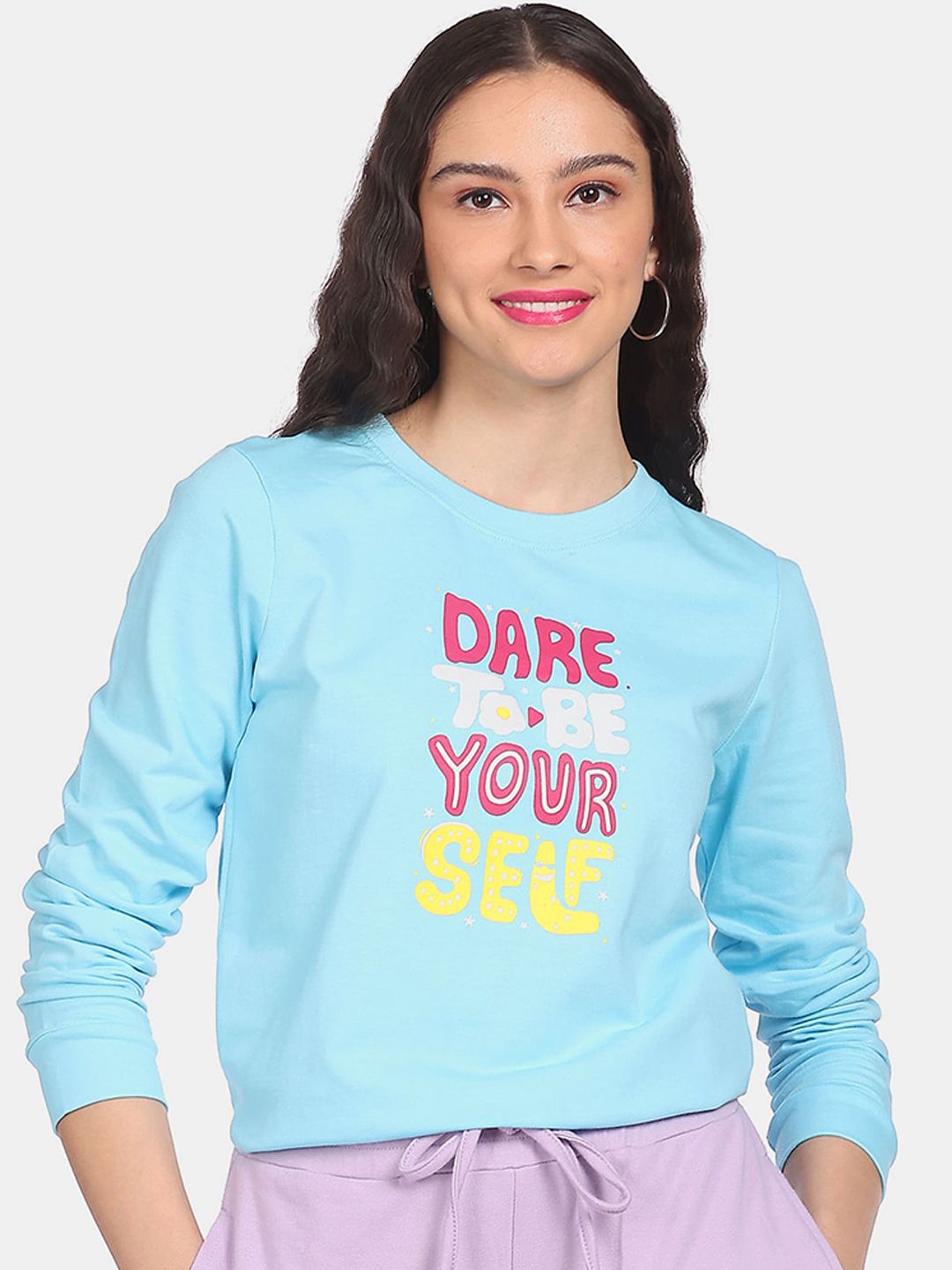 Sugr Woman Blue Round Neck Printed Sweatshirt Price in India